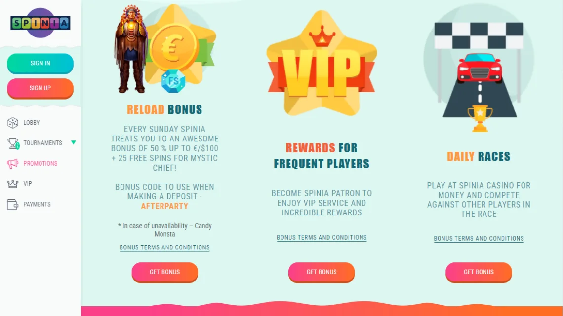 Spinia casino bonus code
