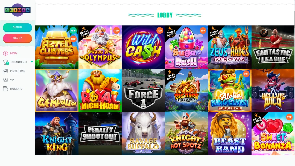 Spinia casino games