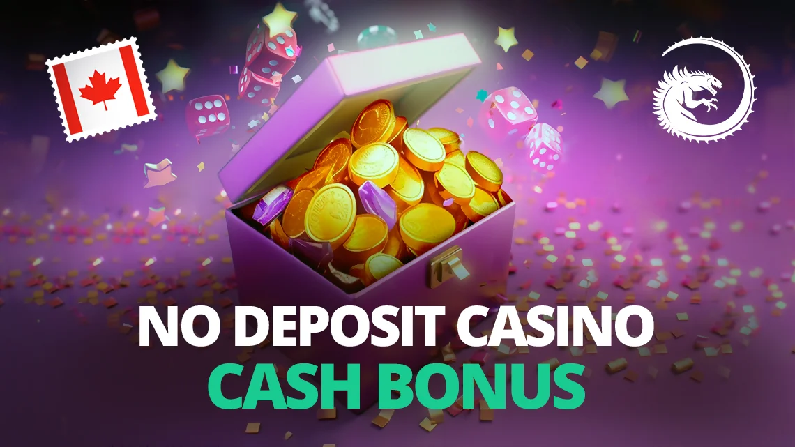 No deposit casino cash bonus banner showing an open treasure chest filled with gold coins, dice and confetti on a purple background, with a Canada flag icon and Slotozilla logo