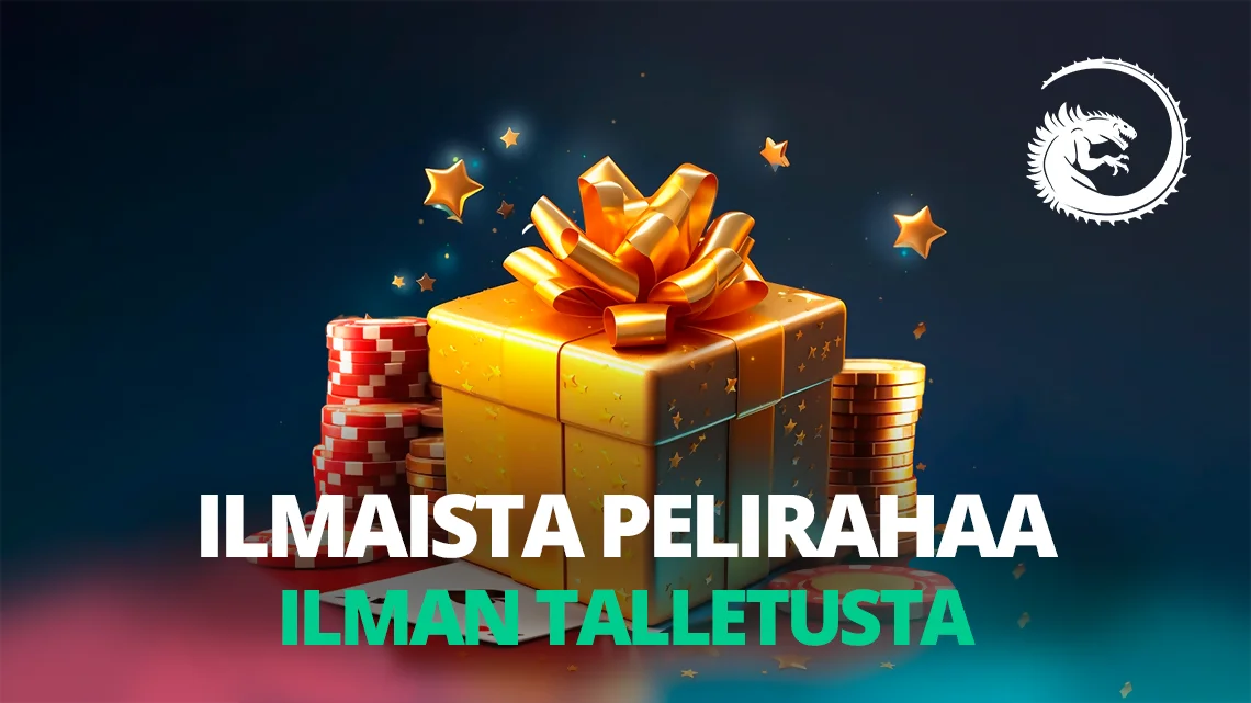 Kultainen lahjapakkaus pelimerkkejen ja kolikoiden ympäröimänä – teksti “Ilmaista pelirahaa ilman talletusta”