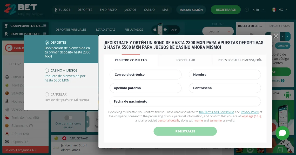 regístrate en 22bet Casino